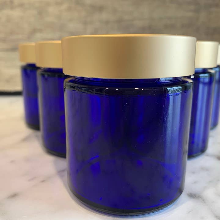 The Bottle Shoppe - Wholesale Jar - 4oz Cobalt Blue Glass Jar with Brushed Gold Lid