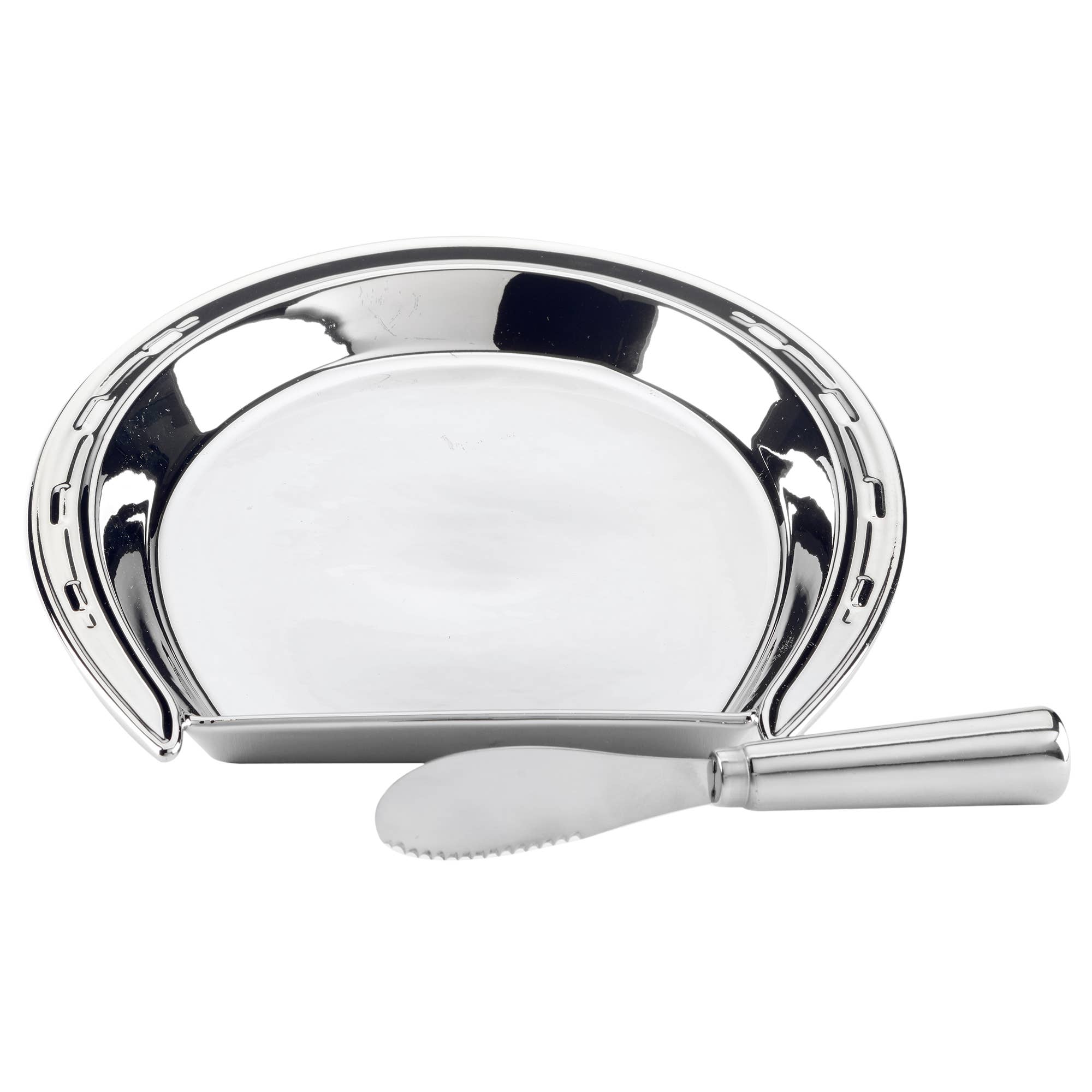Certified International - Wholesale Cheese Board - Day at the Races Silver Plate Horseshoe Cheese Plate w Knife3