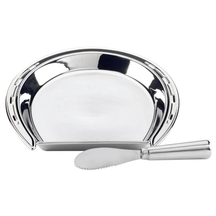 Certified International - Wholesale Cheese Board - Day at the Races Silver Plate Horseshoe Cheese Plate w Knife3