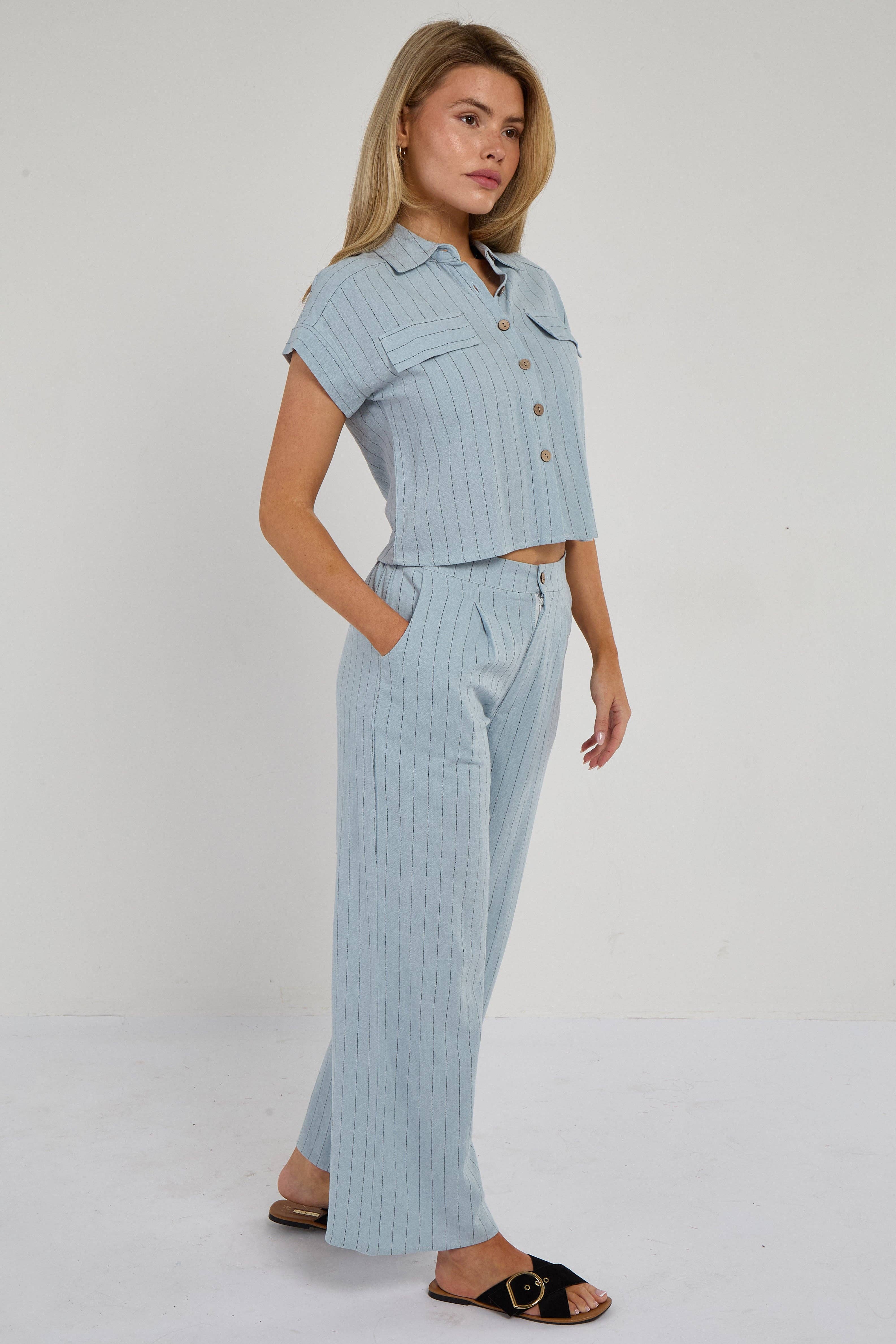 Baby Blue Pinstripe Linen Shirt and Trousers set for wholesale on Faire6