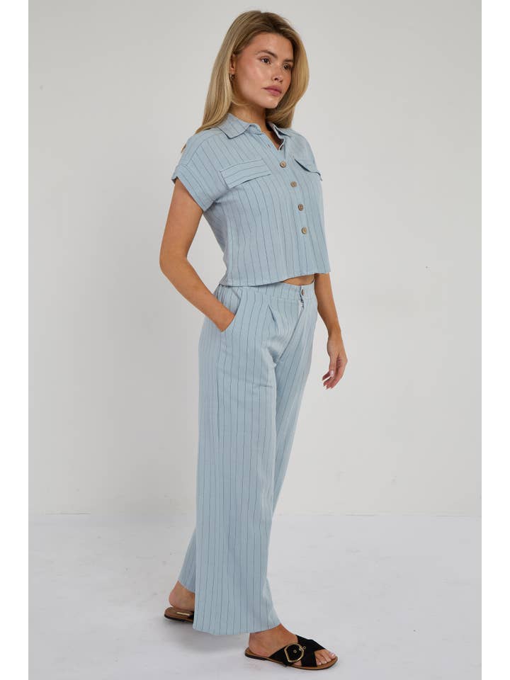 Baby Blue Pinstripe Linen Shirt and Trousers set for wholesale on Faire6