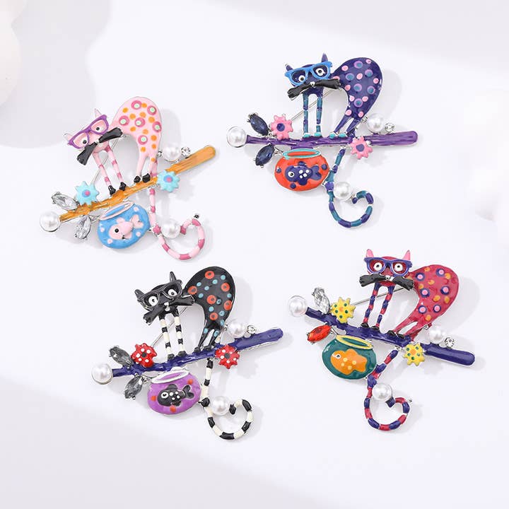 Tourtiwi - Wholesale Brooch - Whimsical Polka Dot Cat - on - Branch Brooch with Pearls3