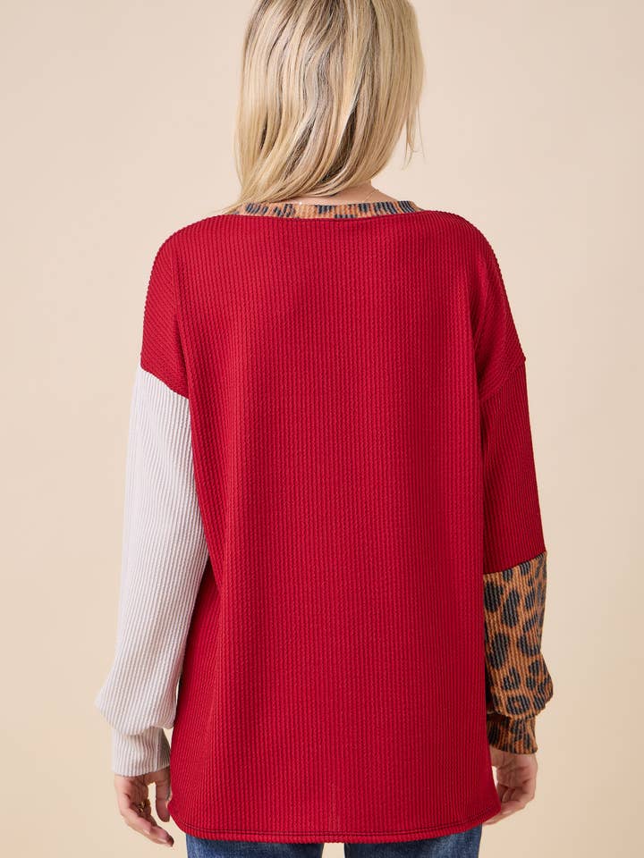 Celeste Clothing - Wholesale Knit Top - Women's - WOMEN'S RIB COLOR BLOCK ANIMAL PRINT LONG SLEEVE TOP23