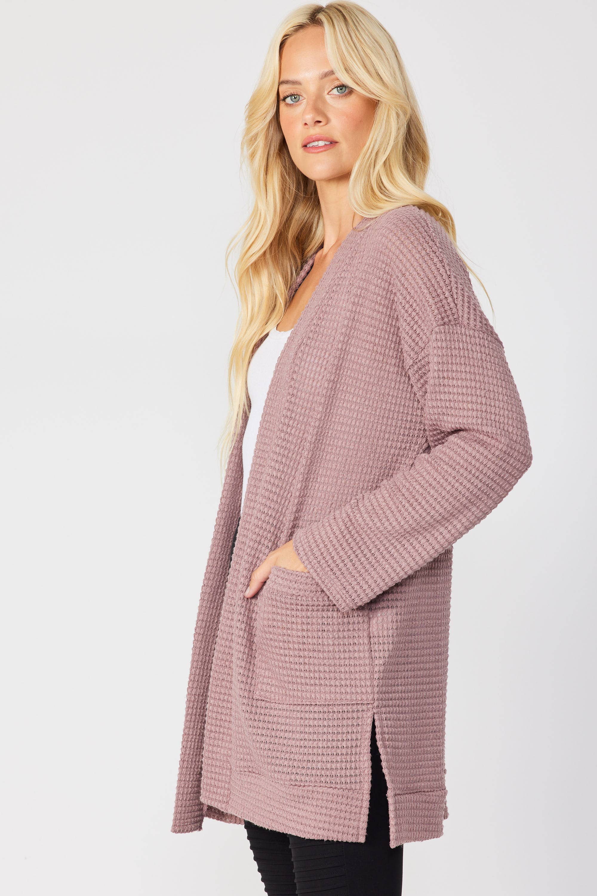 FSL Apparel - Wholesale Cardigan - Women's - SJ1005 - WAFFLE KNIT OPEN FRONT CARDIGAN WITH POCKETS13