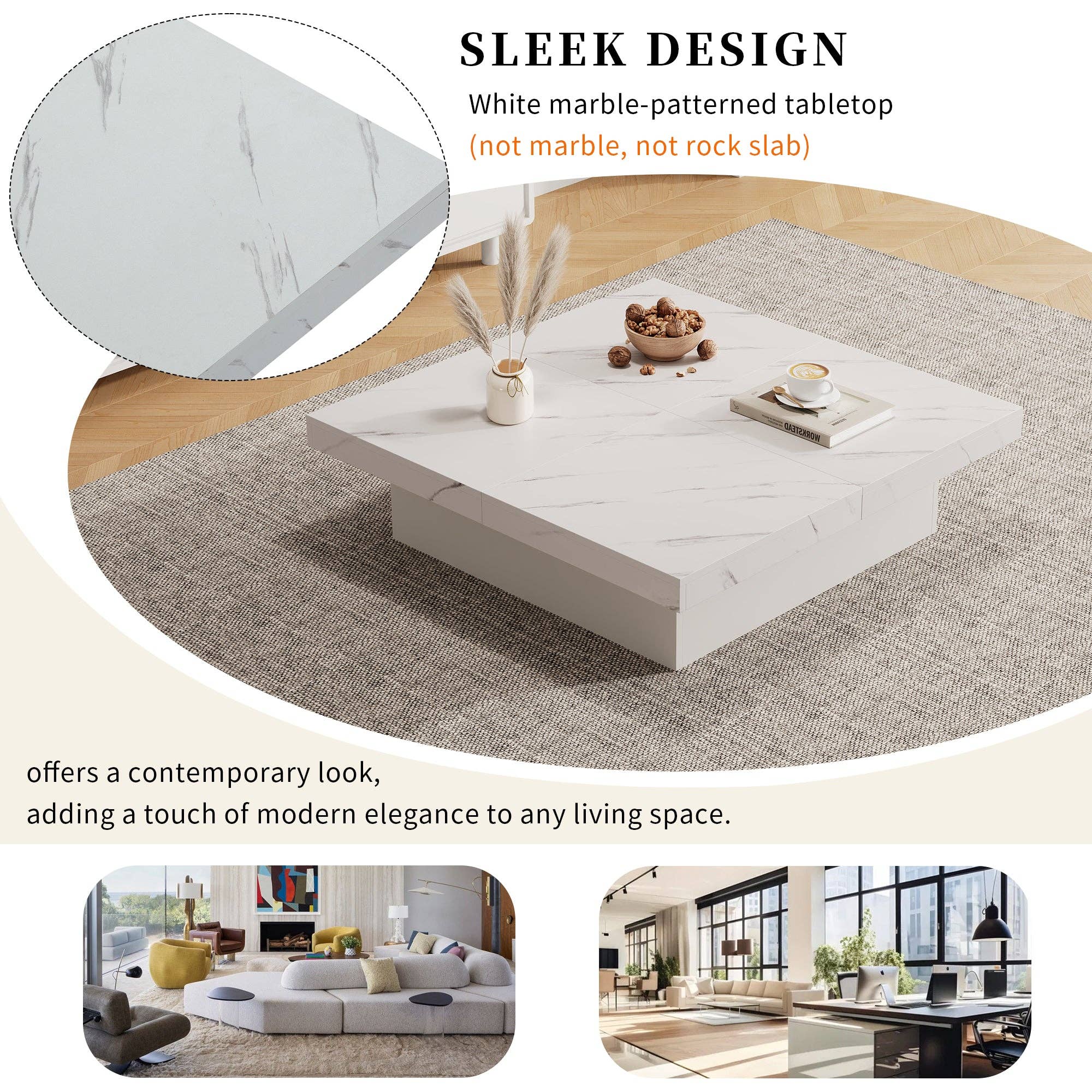 Urban Meuble - Wholesale Side Table - Modern white square coffee table with marble effect, 4 drawers, sliding top 90x90x25cm KHEKRIED26