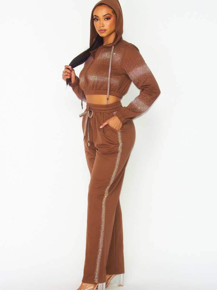Brown Desi Embellished Rhinestone Lounge Pant Set (HGC9363) for wholesale on Faire