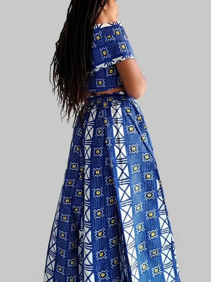 Dames Gedrukte Maxi Rok-1350 Wit/Blauw voor wholesale door India Batik