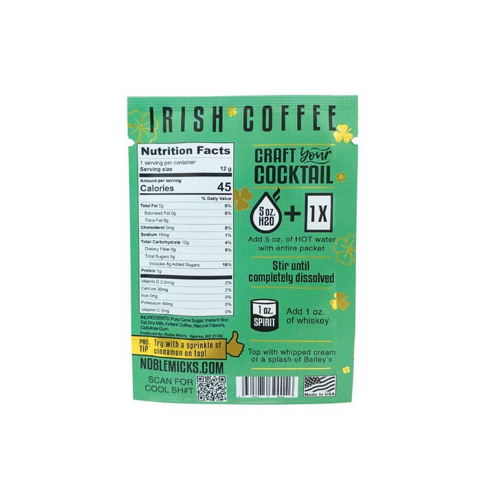 NOBLE MICK'S - Single Serve Craft Cocktails - Wholesale Cocktail Mix/Syrup - Irish Coffee Single Serve Craft Cocktail