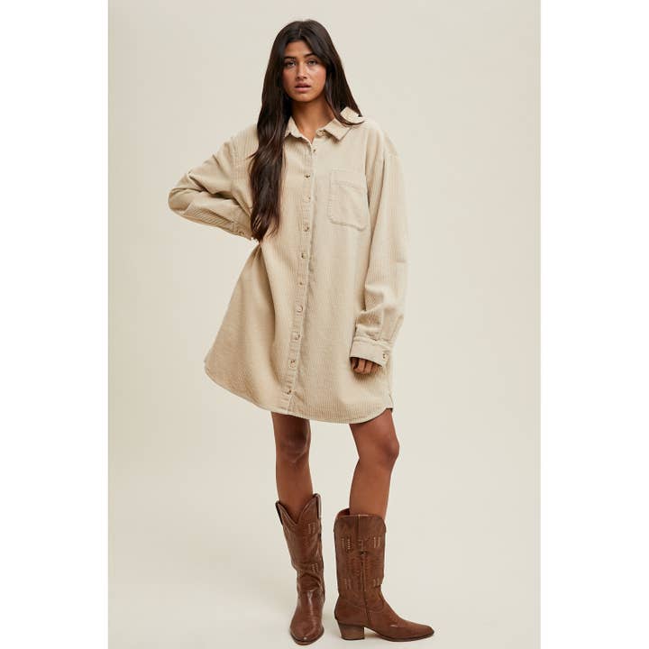 SAND CORDUROY MINI SHIRT DRESS / WL25-10897 for wholesale on Faire1