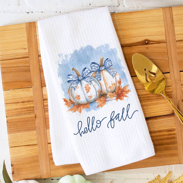Chinoiserie Pumpkin Fall Kitchen Towel Autumn Blue White for wholesale by Canary Road