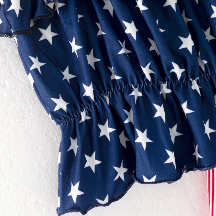 Auraquise - Wholesale Top & Short Set - Kids - Girls Summer July 4th Navy Red Star Ruffled Short Set