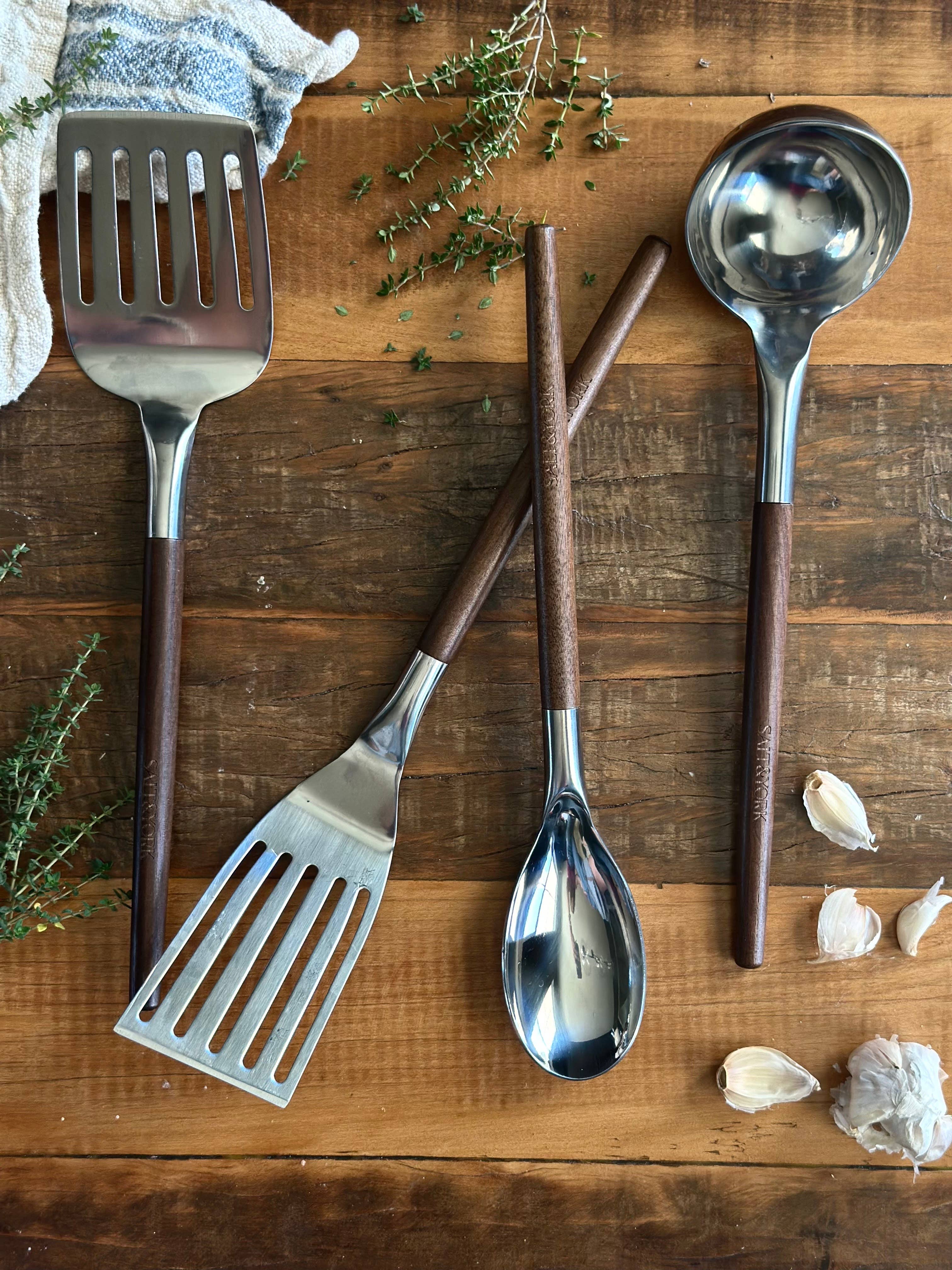 Salt & York - Wholesale Kitchen Utensil Set - 4 Piece Olive Wood or Walnut Wood Handle Utensil Set with St6