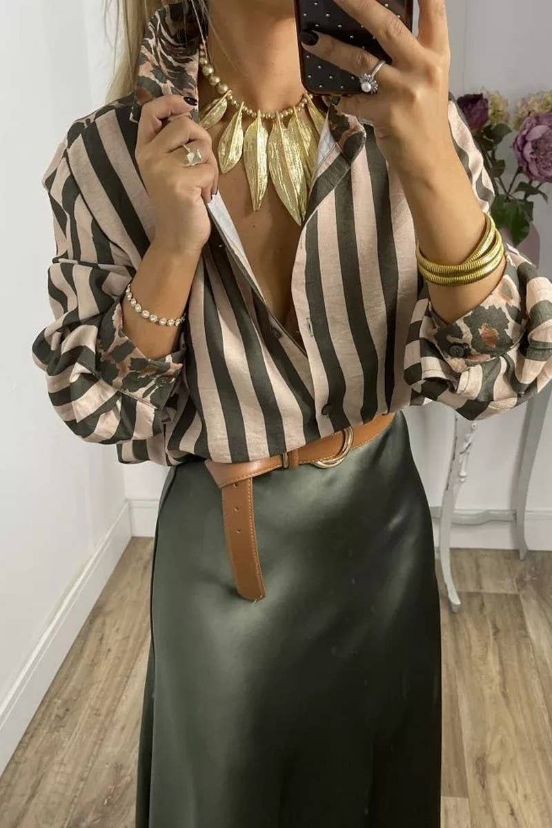 COFFEE CWTSTL894_STRIPED AND LEOPARD PRINT LOOSE CASUAL SHIRT for wholesale on Faire2