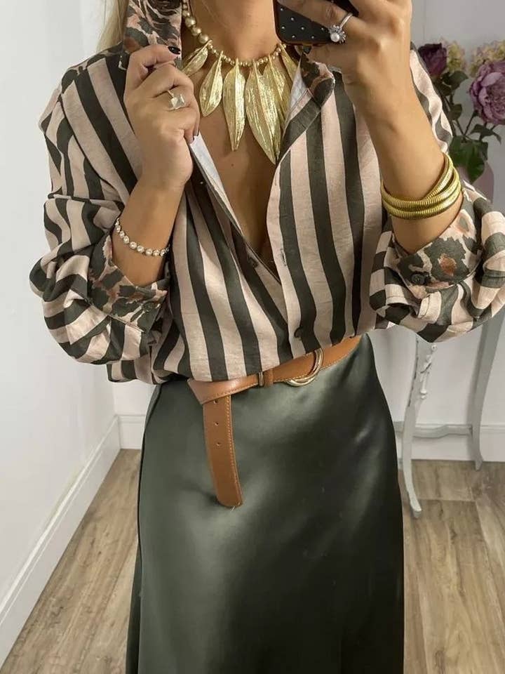 COFFEE CWTSTL894_STRIPED AND LEOPARD PRINT LOOSE CASUAL SHIRT for wholesale on Faire2