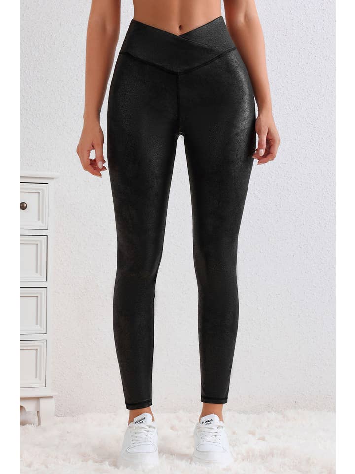Black LA Crossed Dip Waist Sleek Leather Leggings (S-XL) for wholesale on Faire
