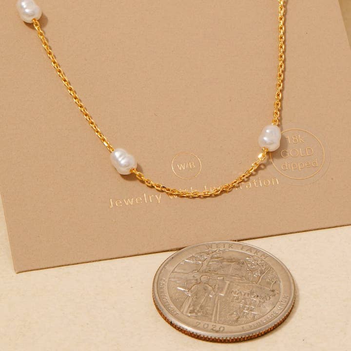 Anarchy Street - Wholesale Link & Chain Necklace - Gold Dipped Pearl Beads Station Chain Necklace