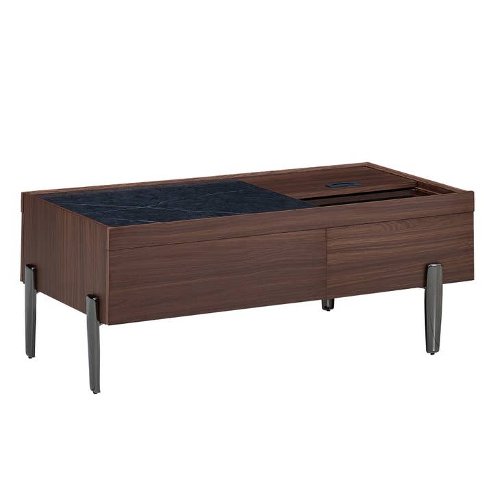 Table basse moderne avec tiroirs, effet marbre verre résistant, bois foncé noyer 105x50x41,5cm SYZYGYLINE pour la vente par Urban Meuble