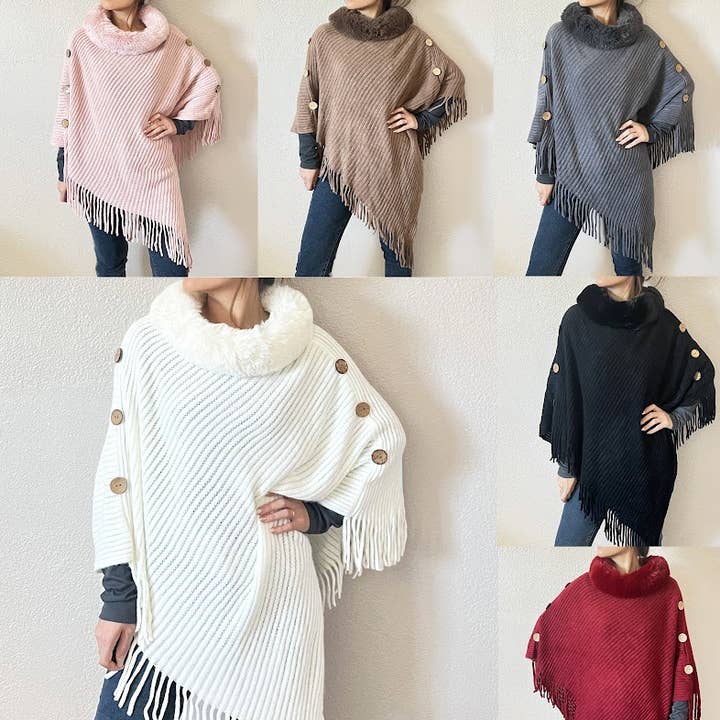 Fur Collar Knitted Poncho with Fringe for wholesale by Fennco Styles