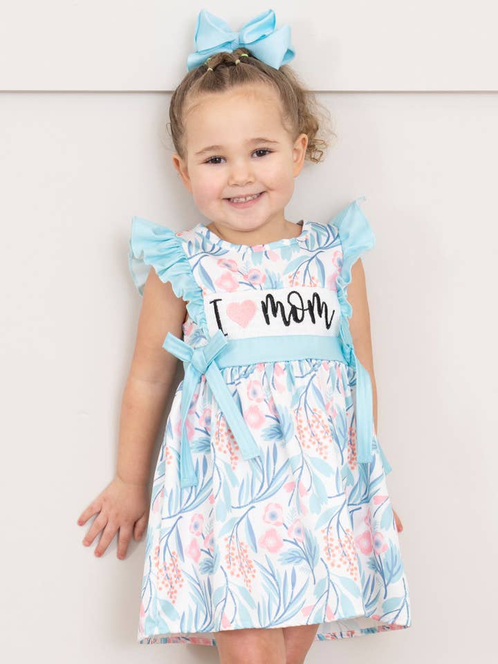 Aqua "I Love Mom" Smocked Dress for wholesale by Marie Nicole Clothing