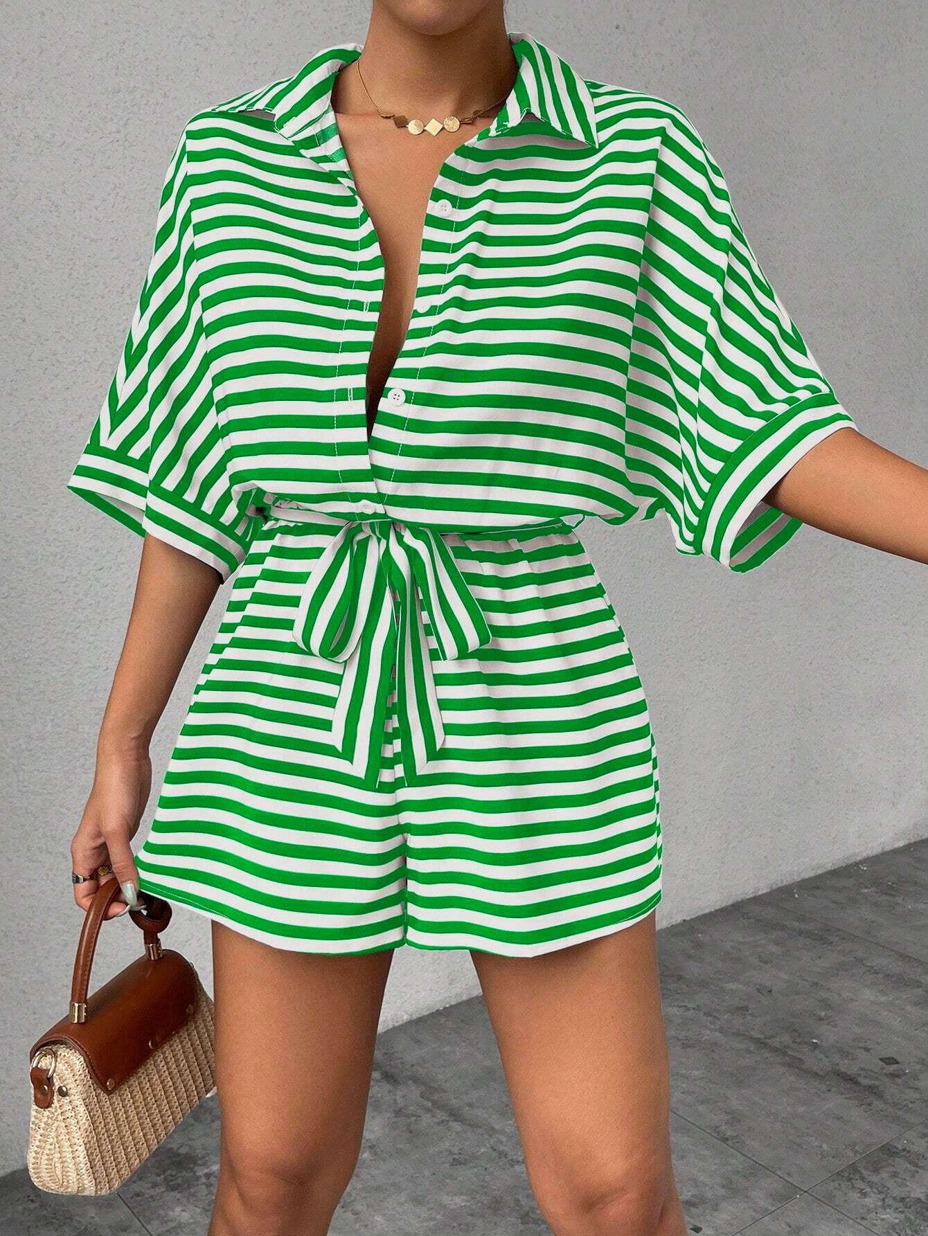 Comely Fashion - Wholesale Romper - Women's - Striped Buttons Up Summer Romper with Belt25