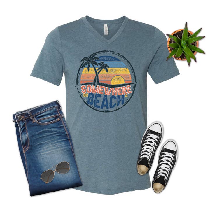 T-shirt à col V Somewhere on the Beach, Lake, Summer, Ocean pour la vente par 316 Legacy LLC