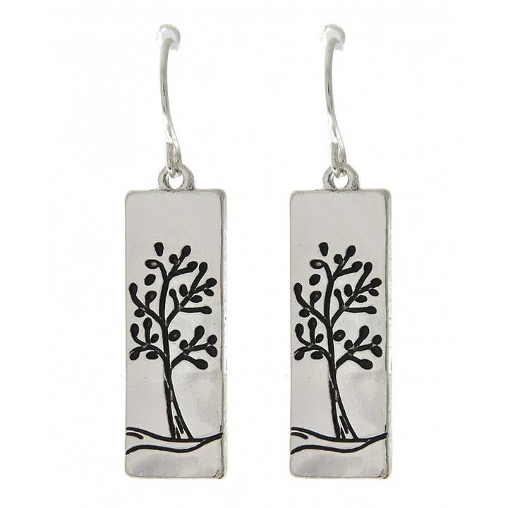 0011 PREMIERE - Wholesale Dangle Earrings - FR2303 Antique Silver Tree of Life Metal Rectangle Earrings