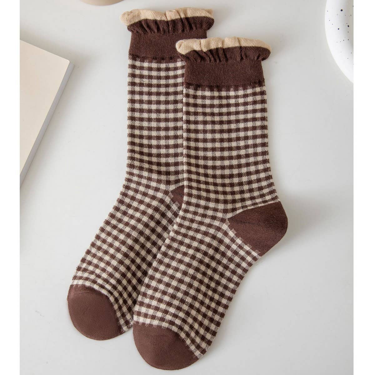 NINEXIS - Vente Chaussettes – femme - CWMS02981_CHAUSSETTES FEMME À CARREAUX À POIS AVEC VOLANTS ET COUPE DÉCONTRACTÉE5