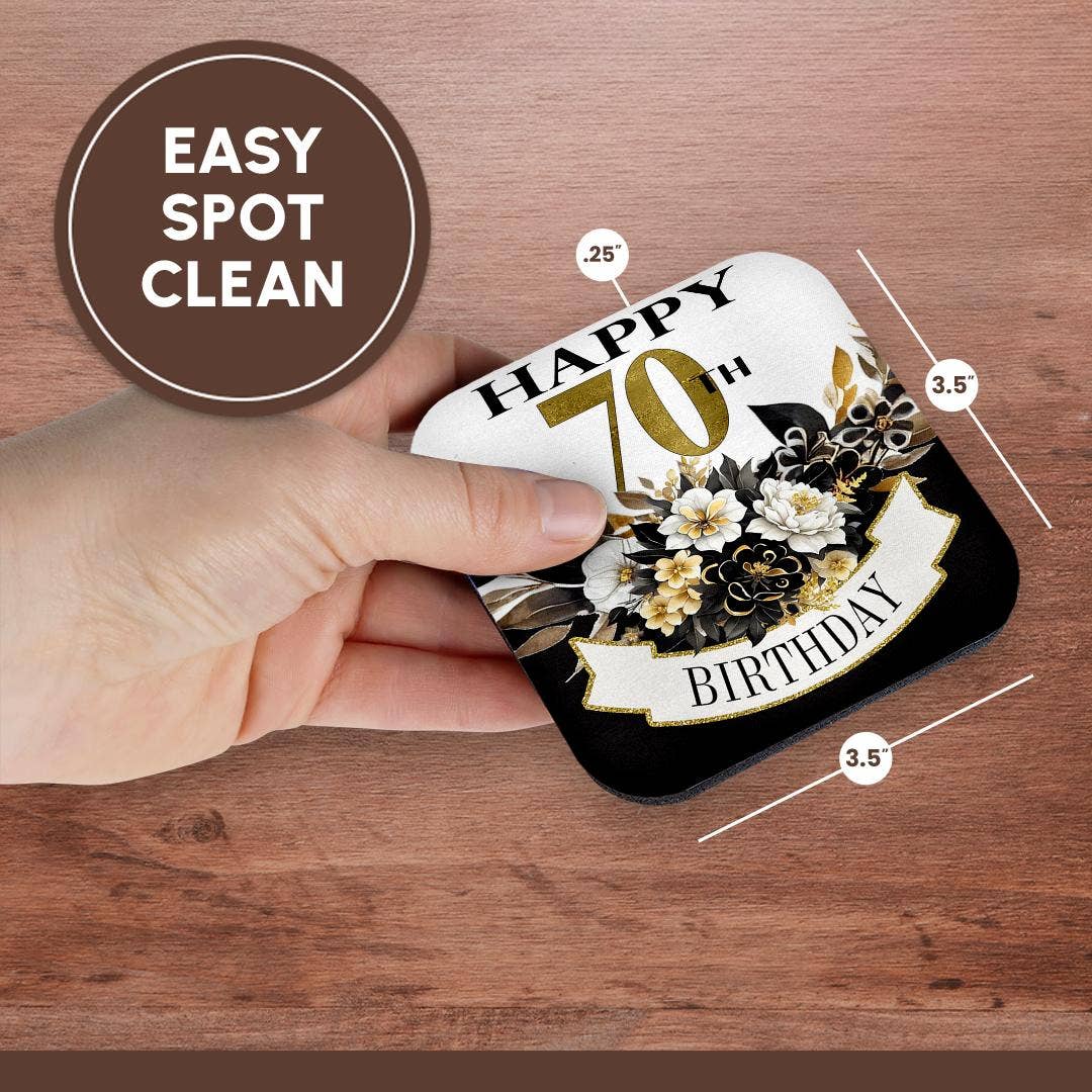 3dRose - Wholesale Coasters - 3dRose, Elegant Black and Image Of Gold Flowers Happy 70th Birthday, Coaster13