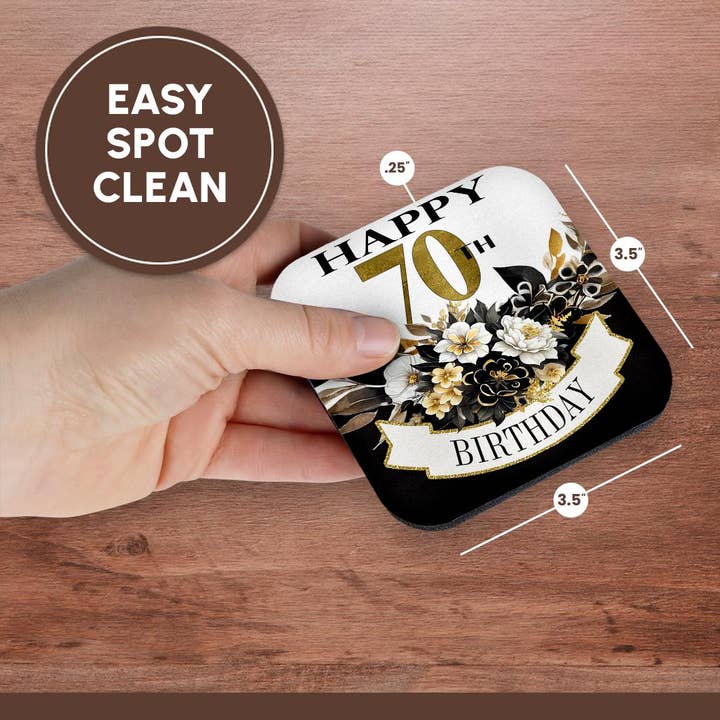3dRose - Wholesale Coasters - 3dRose, Elegant Black and Image Of Gold Flowers Happy 70th Birthday, Coaster13