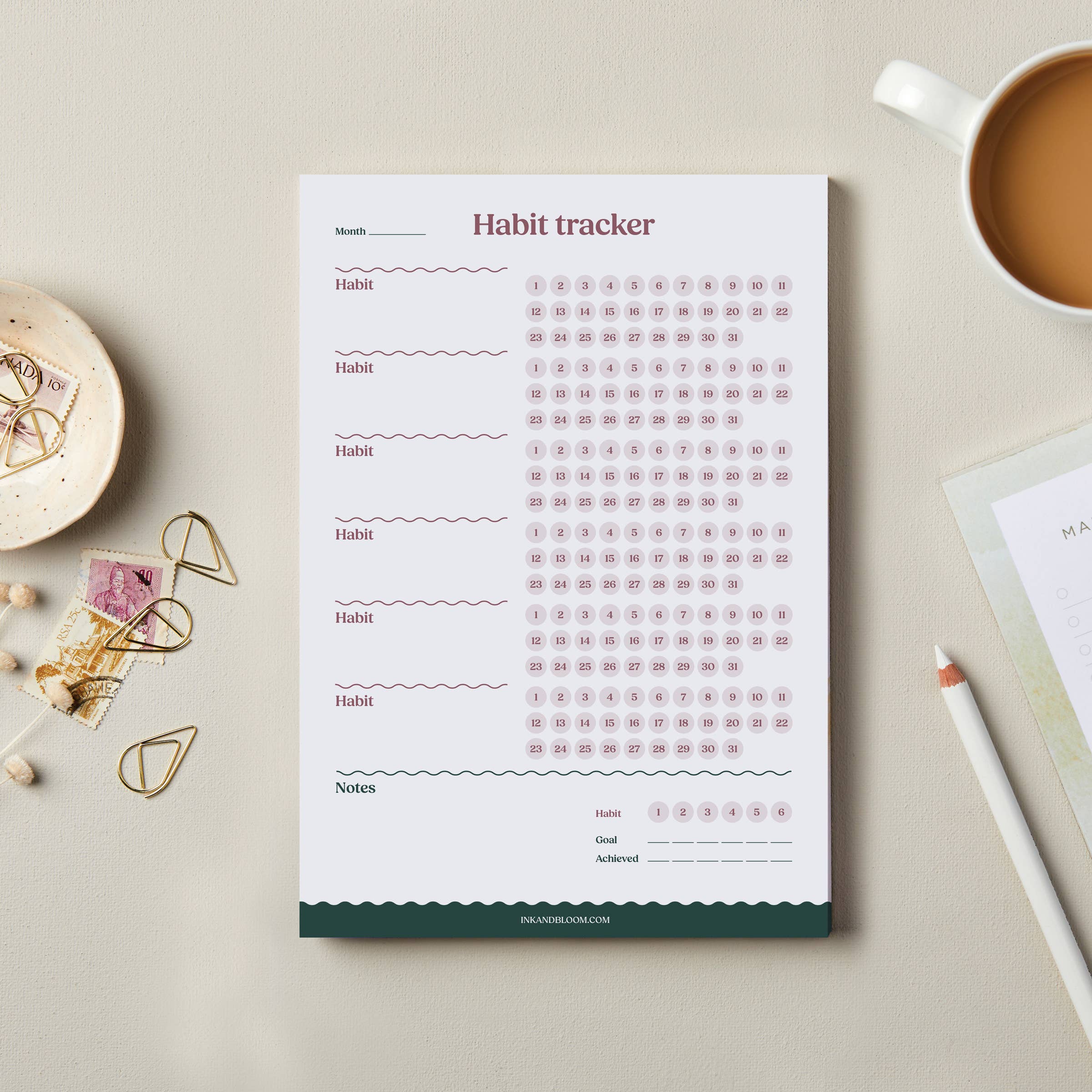Ink & Bloom - Wholesale Planner - Daily Habit Tracker Notepad | Month Goal Planner | Wellness