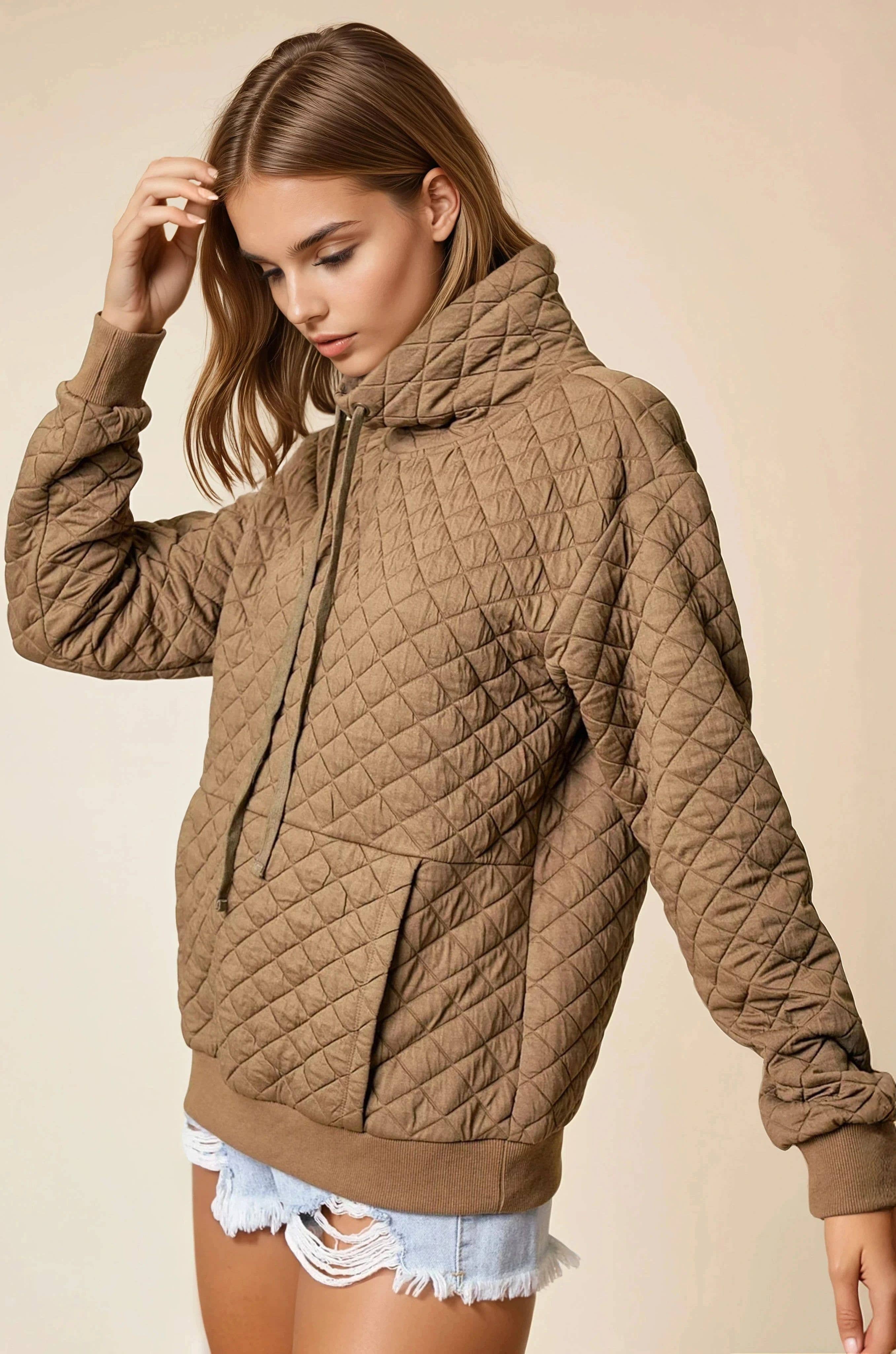 Doe and Rae - Wholesale Sweatshirt - Women's - FUNNEL NECK QUILTED PULL OVER - 43696T2