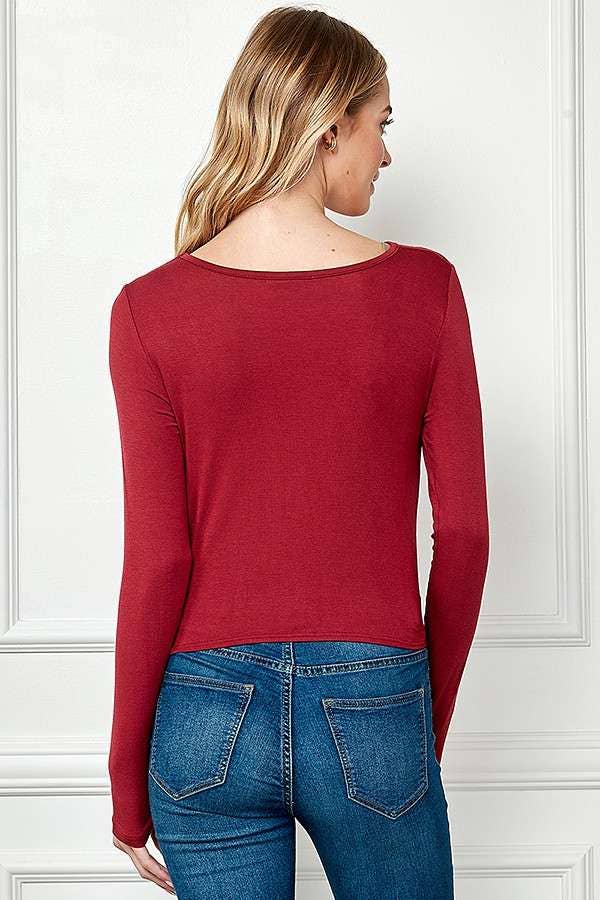 BURGUNDY AY31064L - LSLV CROSS OVER BAND TOP for wholesale on Faire2
