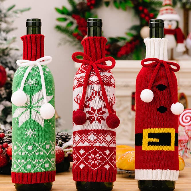 Comely Fashion - Wholesale Drink Huggers & Koozies - Christmas Elements Knit Wine Bottle Sweater CF-HB0484