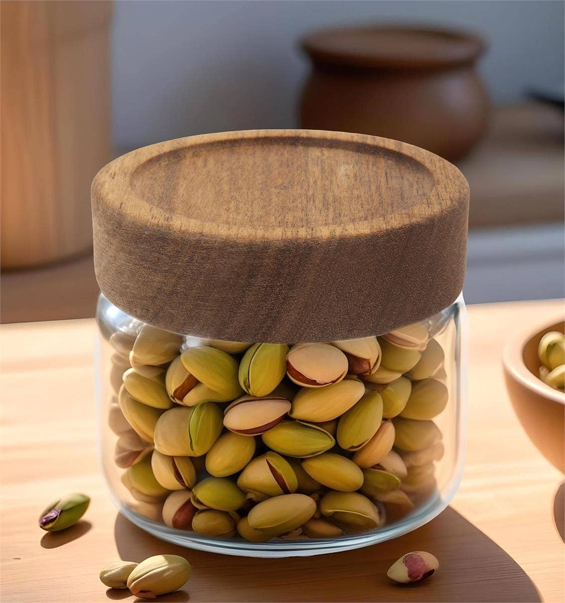 Luciano Gourmet - Vente Boîtes de conservation - Bocal en verre L.Gourmet avec couvercle en bois d'acacia, CUP3