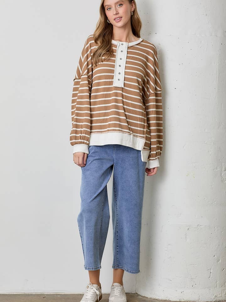 OVERSIZED STRIPED BUTTON TOP for wholesale by Polagram by Wellmade USA