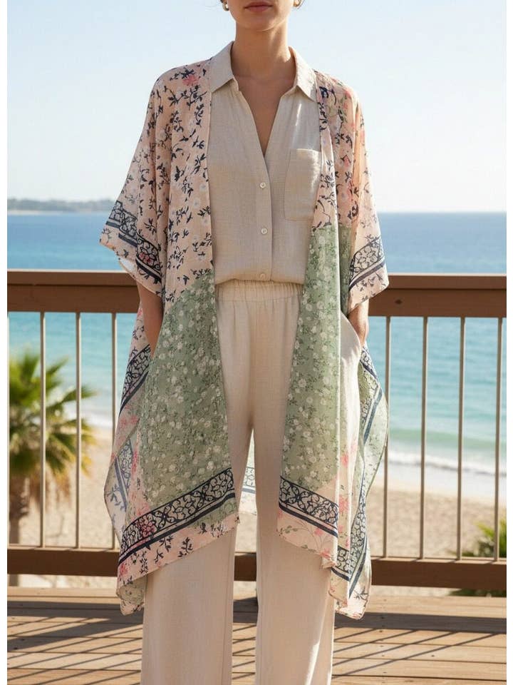 JC Sunny Fashion – wholesale Kimono – Women's – Pink-Aqua Daisy Patchwork Kimono