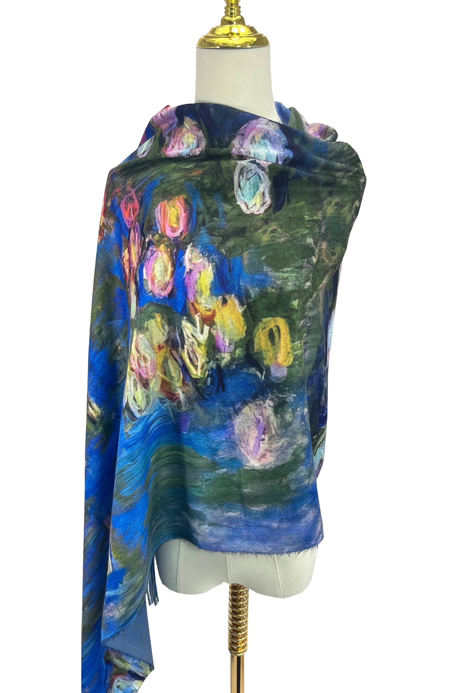 Blue Monet Water Lily  Art Print Wool Tassel Scarf for wholesale on Faire2