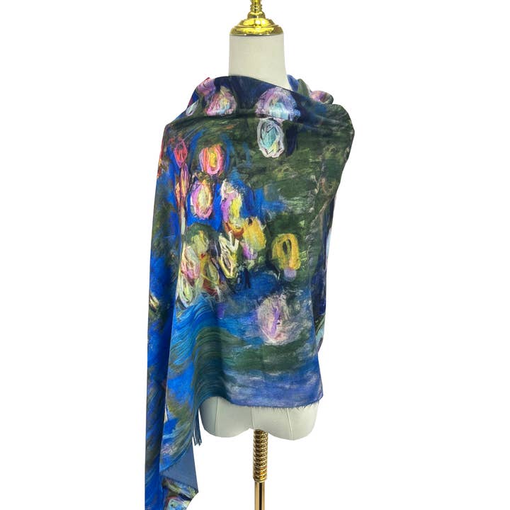 Blue Monet Water Lily Art Print Wool Tassel Scarf for wholesale on Faire2