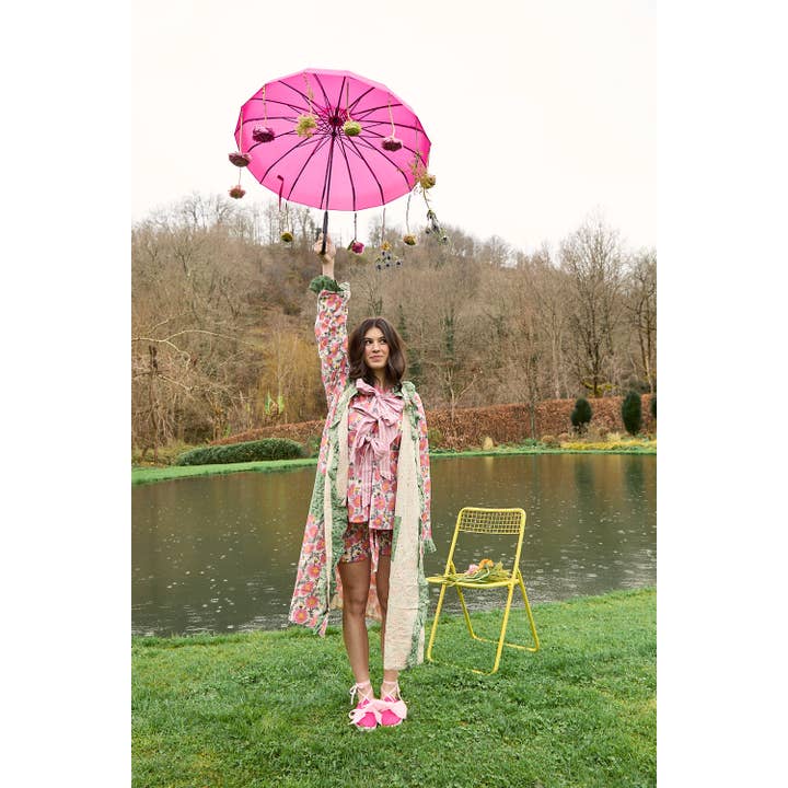 REVERSIBLE ROBE WITH FRILL IN PINK AND GREEN for wholesale by Iturrienea