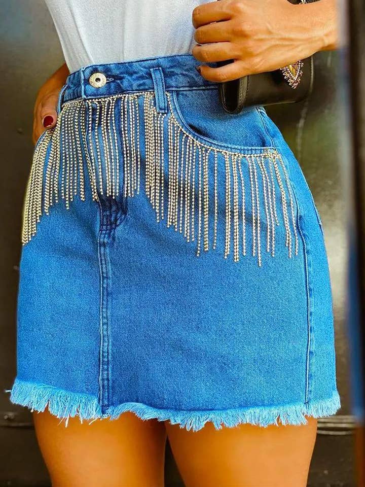 tassel decor raw hem mini denim skirt for wholesale by Queen Fashion