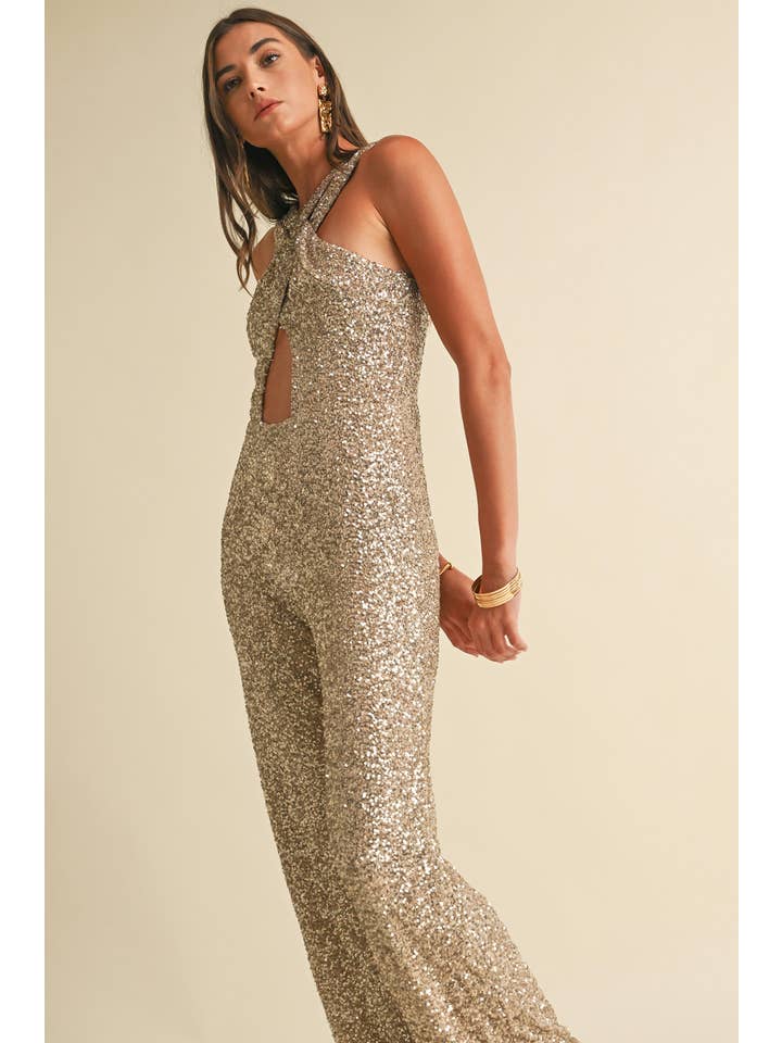 LR1451 Gold Sequin Criss-Cross Jumpsuit for wholesale on Faire6