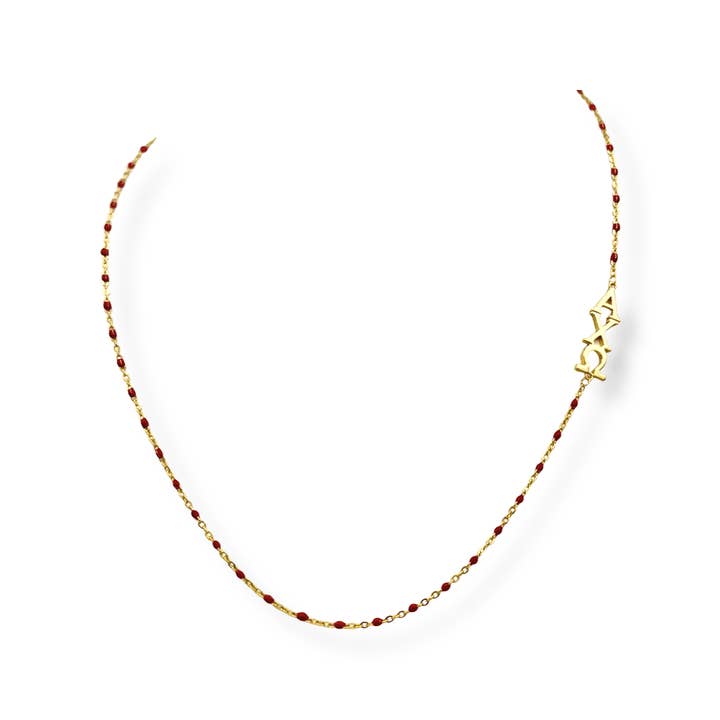 Red The Alpha Chi Omega Necklace: Side Set ΑΧΩ Enamel Bead Necklace for wholesale on Faire