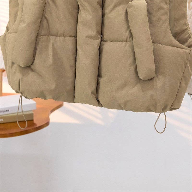 FurDecoration – Großhandel Oberbekleidungsweste – Damen – Farblich einfarbige, dicke, locker sitzende kurze Baumwollweste mit Stehkragen8