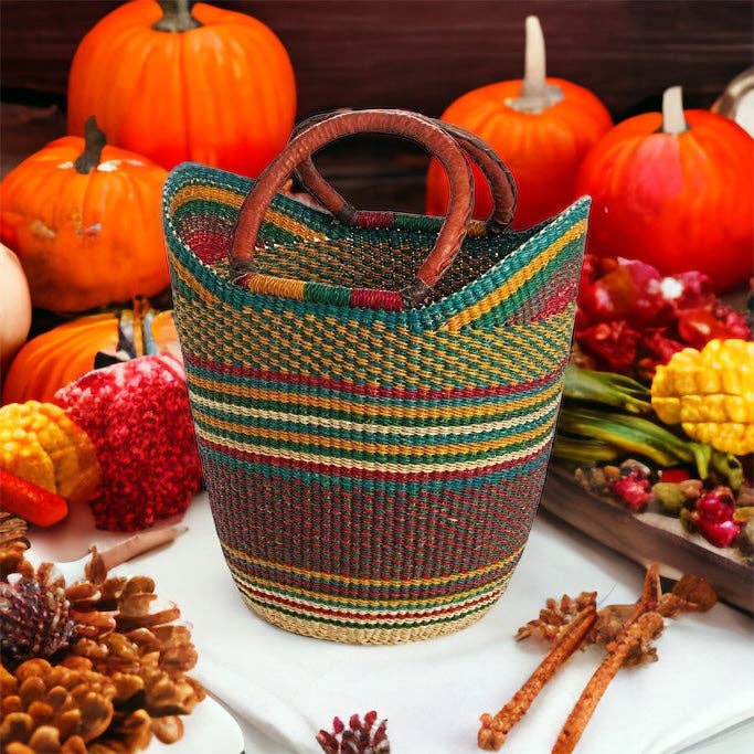 The African Home Goods - Wholesale Beach Bag - Large U-Shopper Ghana Bolga Beach Tote Bag/Basket 17-19" Across - Orange / Earth Tone - Brown Handles3