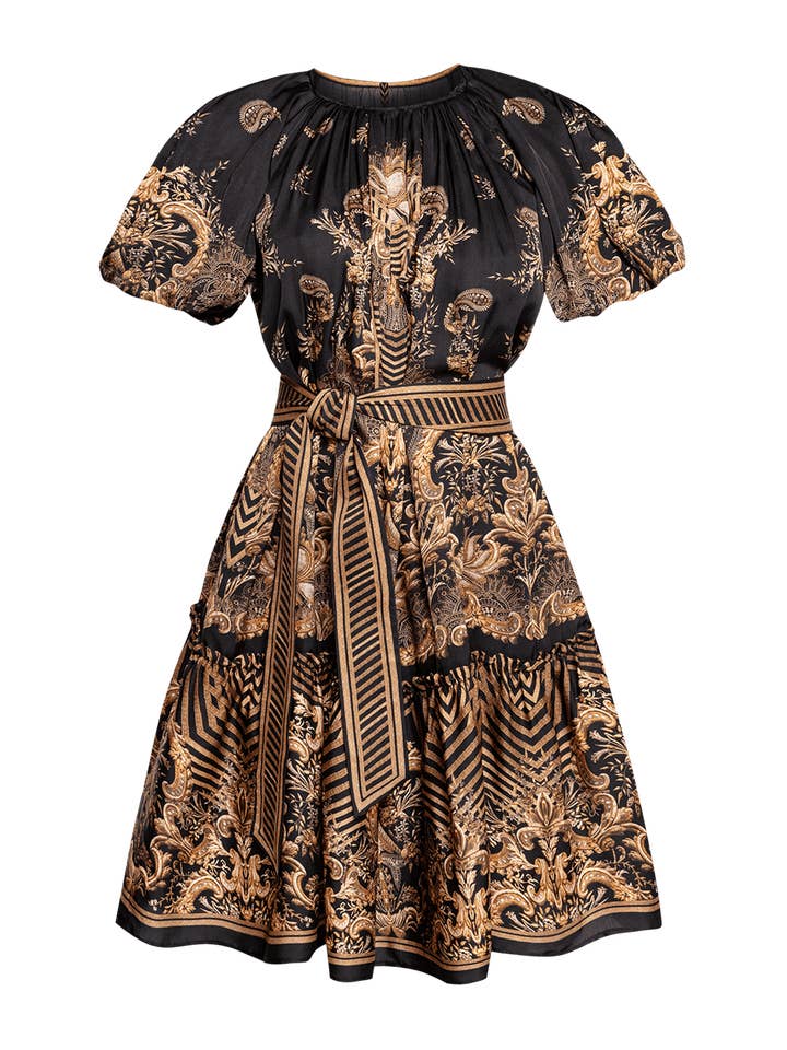 VISKOSSATINKLÄNNING MED PUFFÄRMAR - GYLLENE RÄNDER för wholesale av Fashion Roots