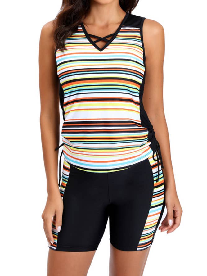 Printed V Neck Side Ruched Sleeveless Tankini Set ZZKF570 for wholesale by UNISHE