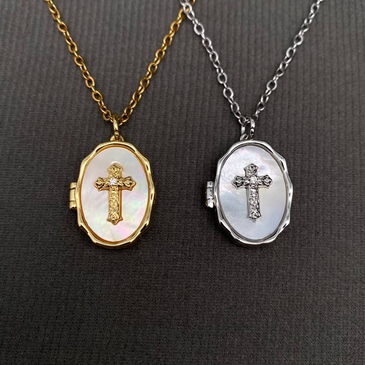 Shell inlaid Cross Style Locket Charm Necklace for wholesale by Mio Queena