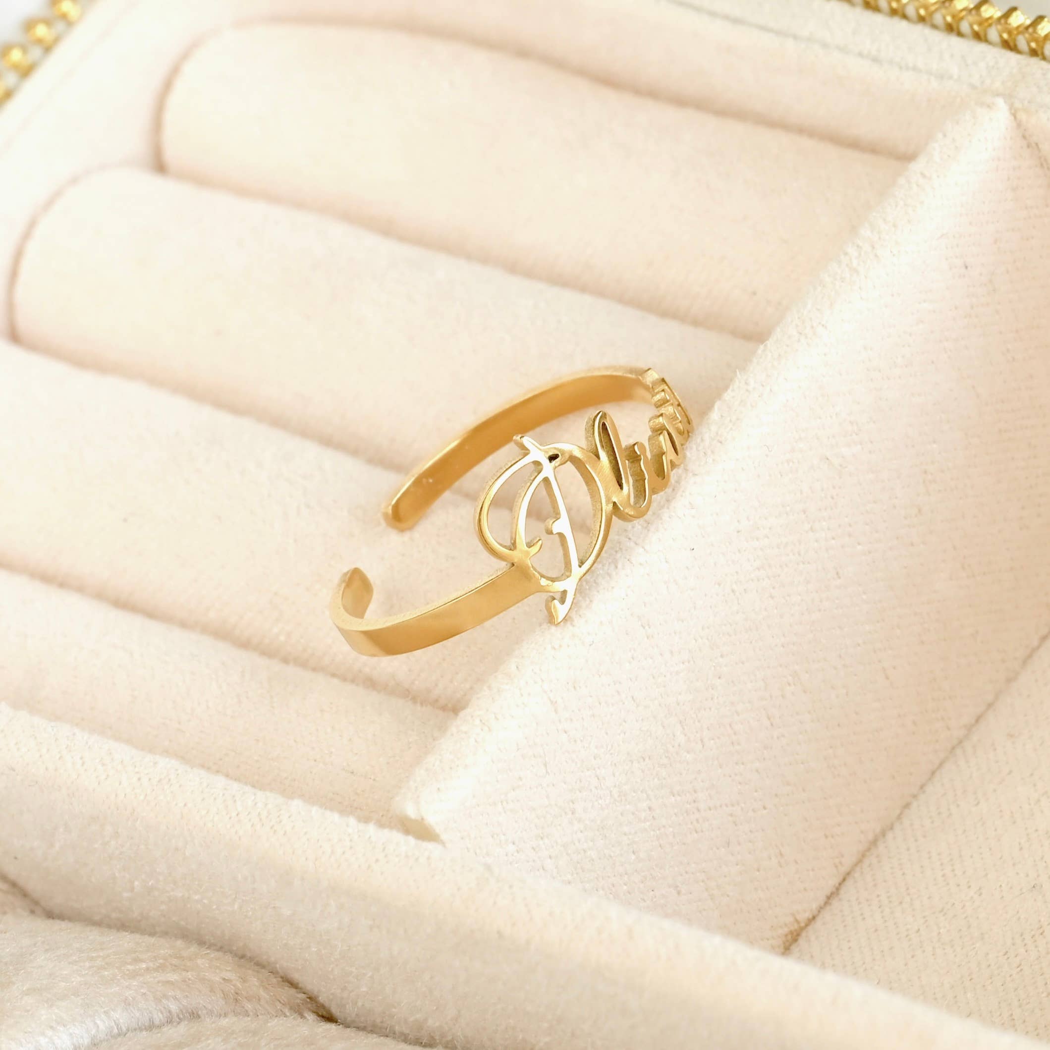 Blueyejewelry - Wholesale Band/Stacked Ring - Custom Name Ring - 18k Gold Personalized Name Open Ring6