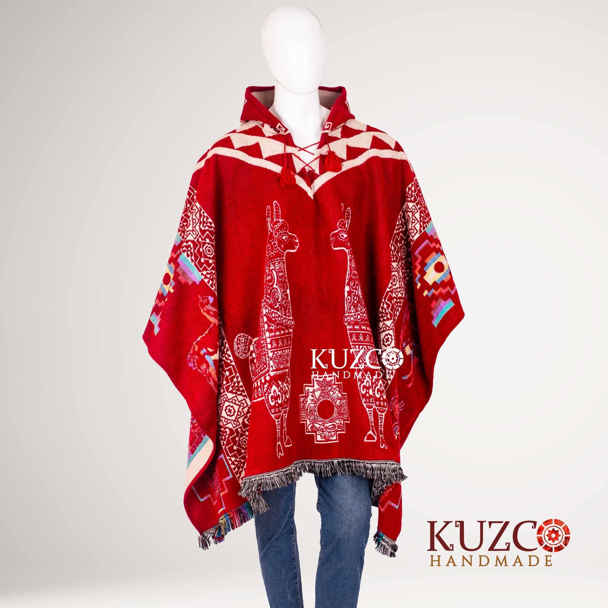 KuzcoHandmade - Wholesale Poncho - Unisex - Unisex Tribal Wool Alpaca Poncho with Geometric Hood3