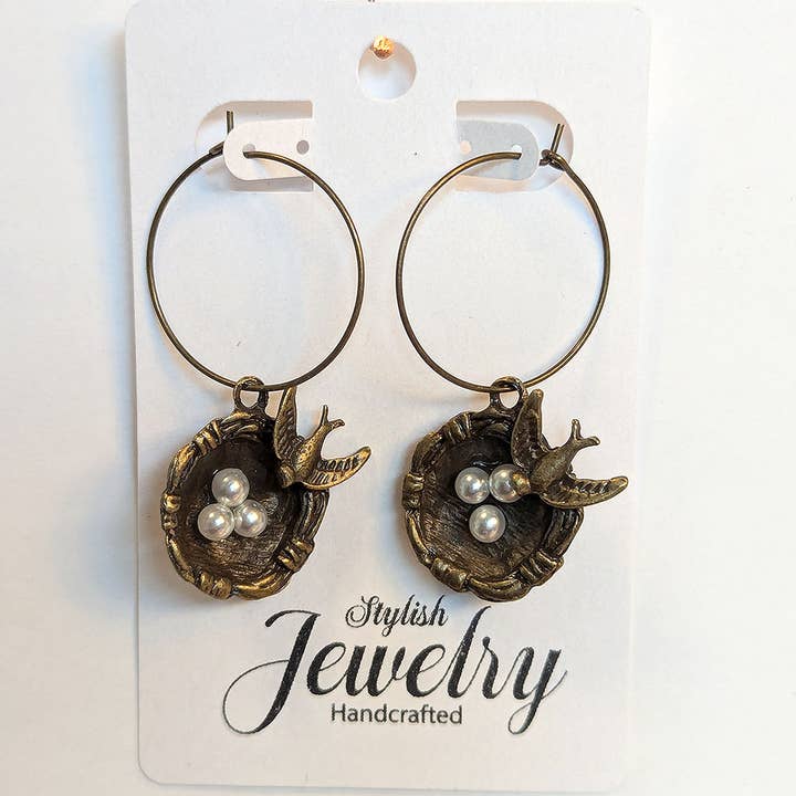 Stylish Jewelry Supply - Wholesale Dangle Earrings - Antique Bronze Sparrow Bird Nest Eggs Earrings